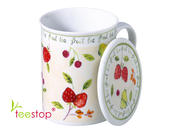 Kräuterteerasse (0,3 Liter)  Fruit Tea mit Edelstahlsieb aus Porzellan (Motiv Erdbeere)