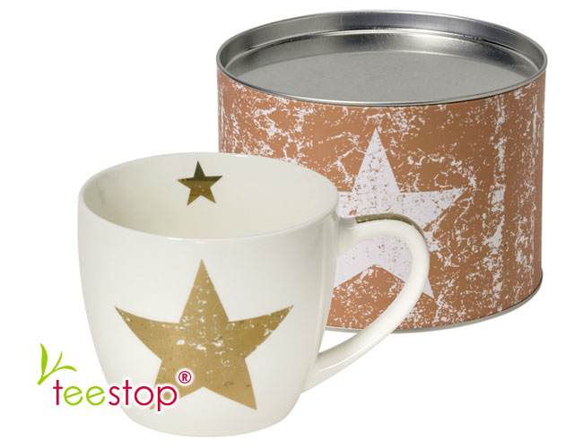 großer Becher (0,4 Liter) Star Real Copper mit goldenem Sterne aus Porzellan im Geschenkkarton verpackt