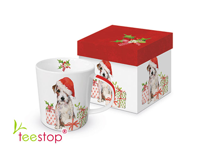 Becher Christmas Pup aus Porzellan in Geschenkbox verpackt