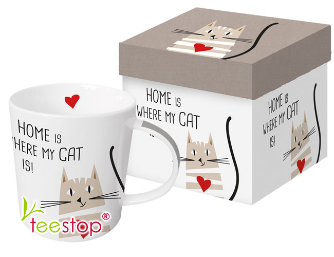Becher Home Cat mit nettem Katzenmotiv und Spruch aus Porzellan in Geschenkbox verpackt
