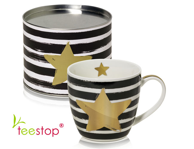 großer Becher (0,45 Liter) Star & Stripes mit goldenem Stern aus Porzellan im Geschenkkarton verpac