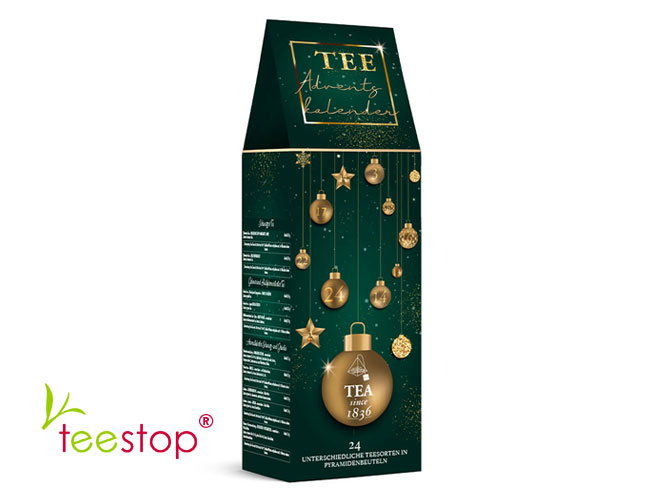 Tee Advents Kalender Weihnachtskugel grün mit 24 Pyramidenbeutel losem Tee