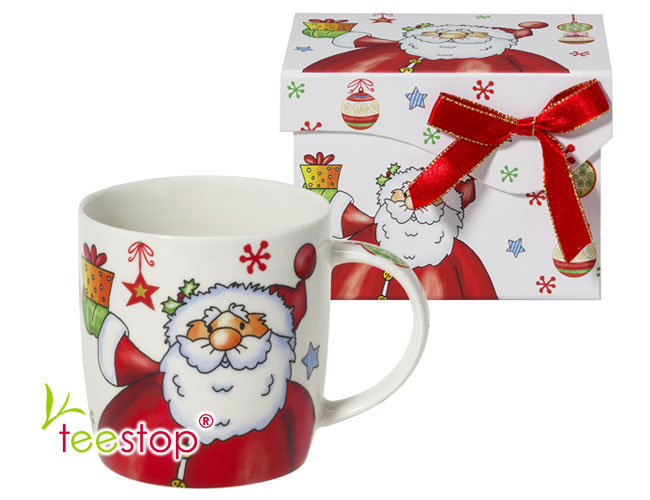 Becher Happy Sinterklass mit lustigem Weihnachtsmann aus Porzellan im Geschenkkarton verpackt