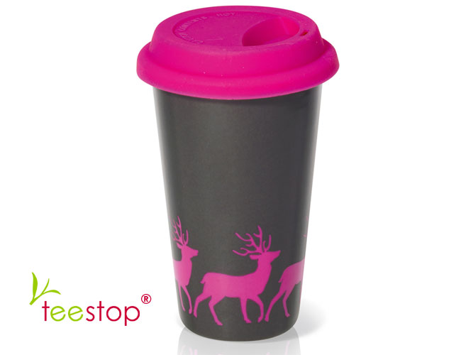 Thermobecher Pink Deer aus doppelwandigem Porzellan in anthrazit mit pinken Rehen