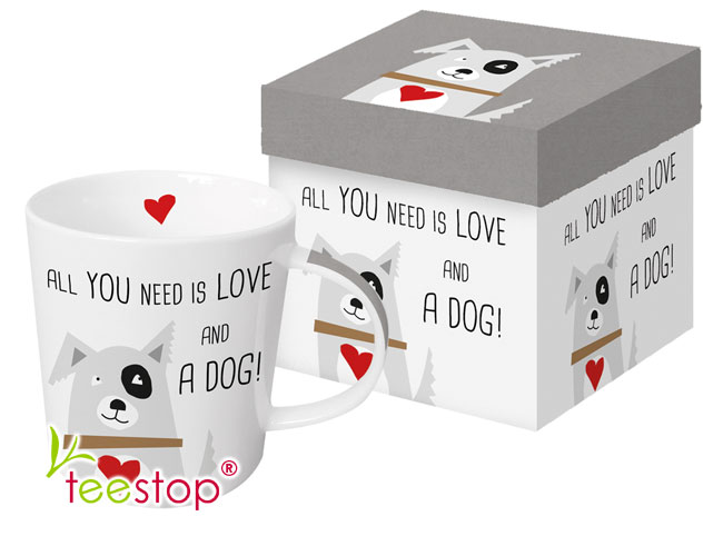Becher Love and Dog mit nettem Hundemotiv und Spruch aus Porzellan in Geschenkbox verpackt
